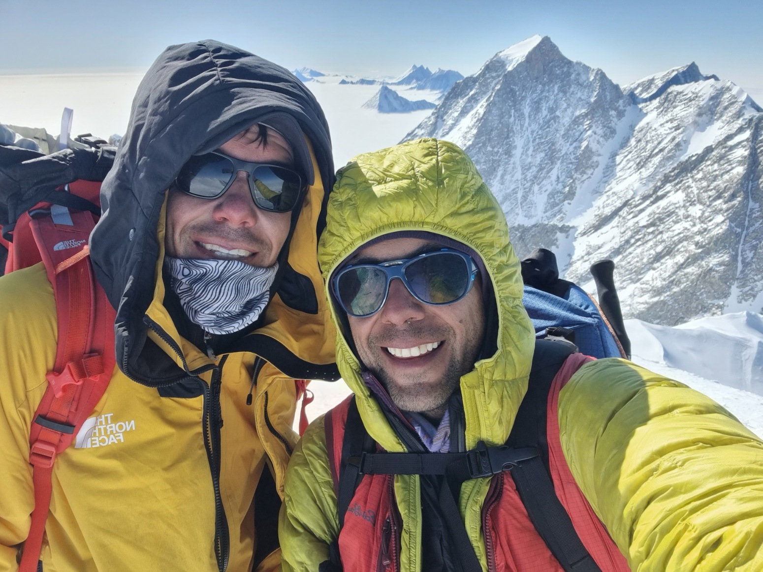 Esteban Topo Mena and Alex Honnold on the summit of Vinson Massif