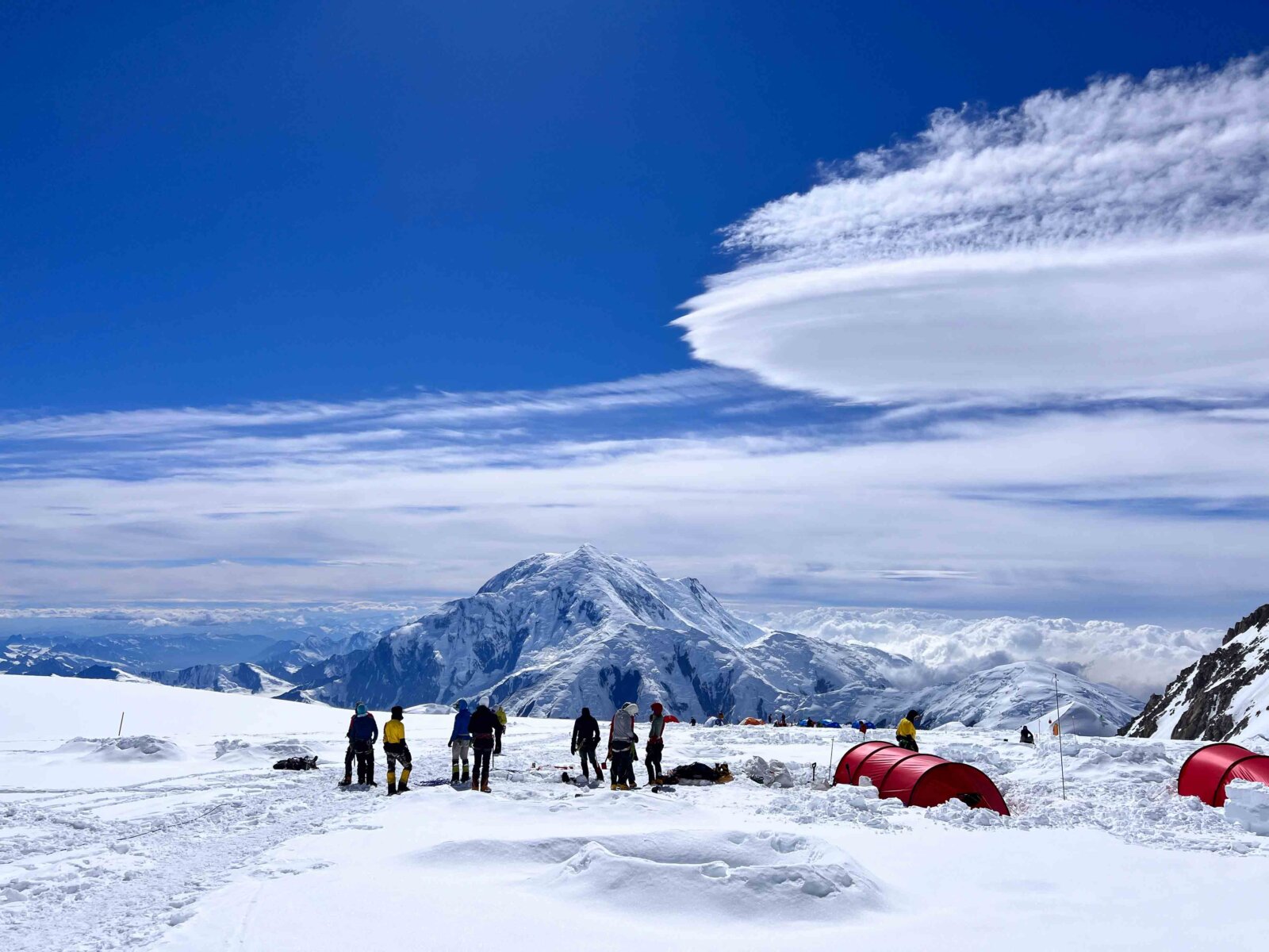 Clients at a high camp on Denali during a guided Denali Expedition