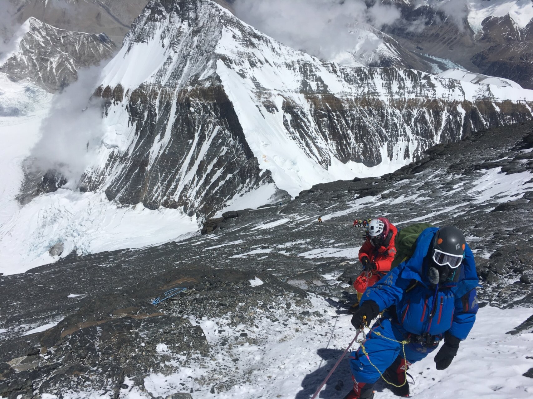 Climbers on the route up the North Side of Mount Everest during Alpenglow Expeditions' Mount Everest North Side Rapid Ascent Expedition.