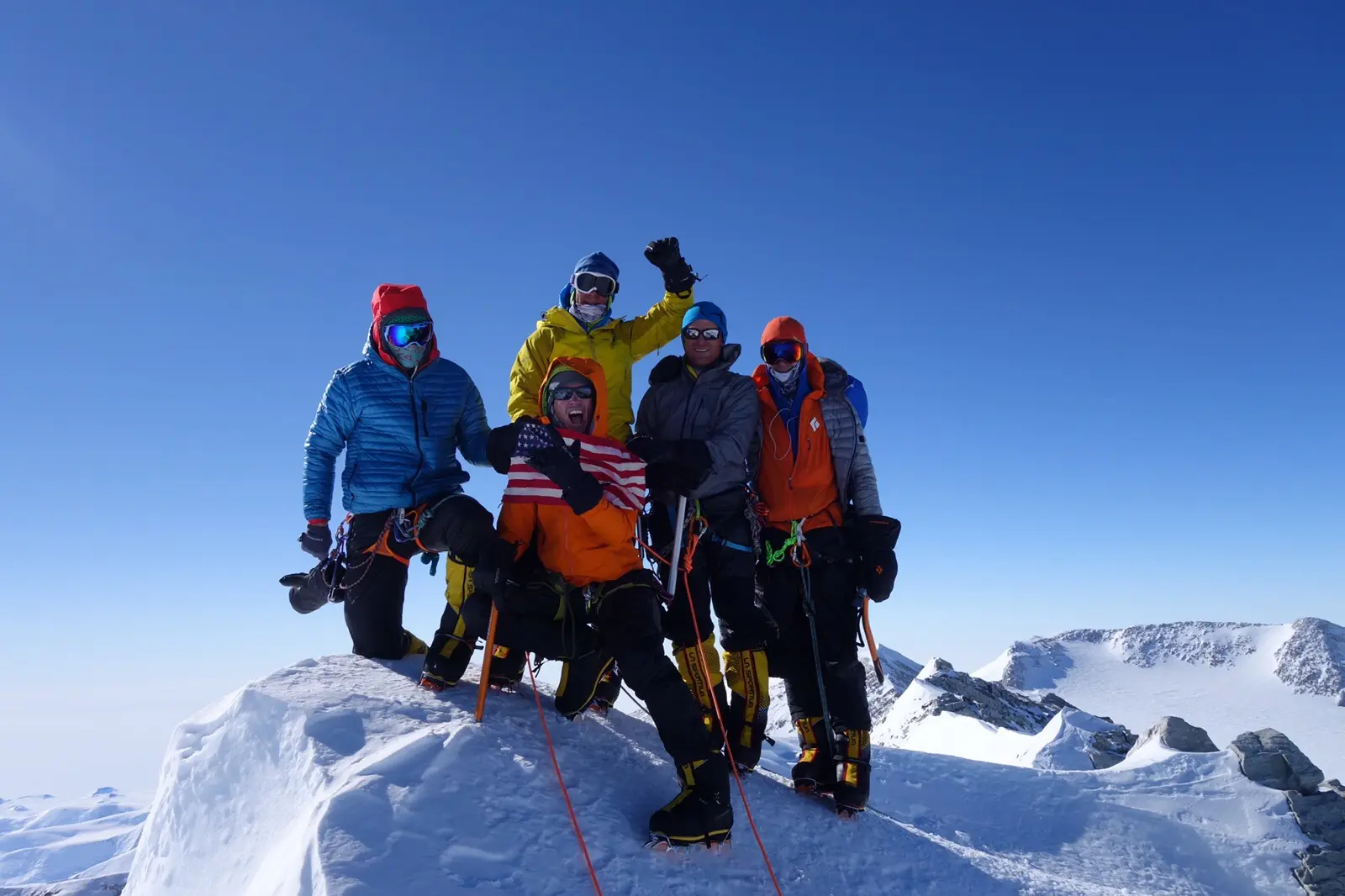 Mountaineers at a high camp on Vinson Massif in Antarctica during an Alpenglow Expeditions guided Seven Summits expedition