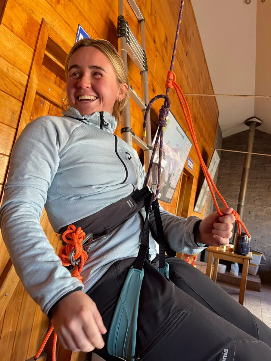 Intro to high-altitude mountaineering students learning rope skills during Alpenglow Expeditions' Ecuador Climbing School.