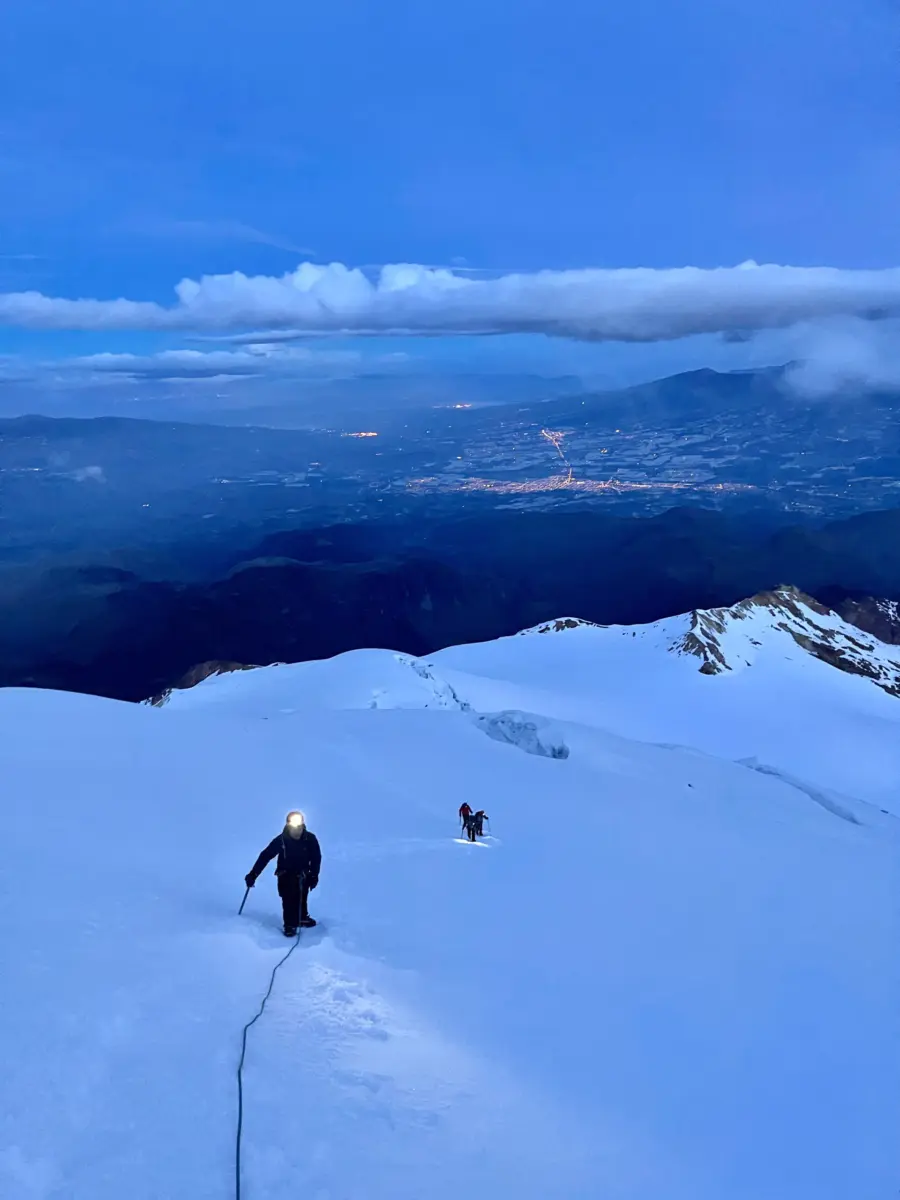 Beginner mountaineering students climbing Ecuador's highest peaks with Alpenglow Expeditions.