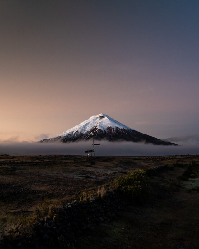 Cotopaxi at sunrise photographed during Alpenglow Expeditions' Cotopaxi Rapid Ascent Expedition.