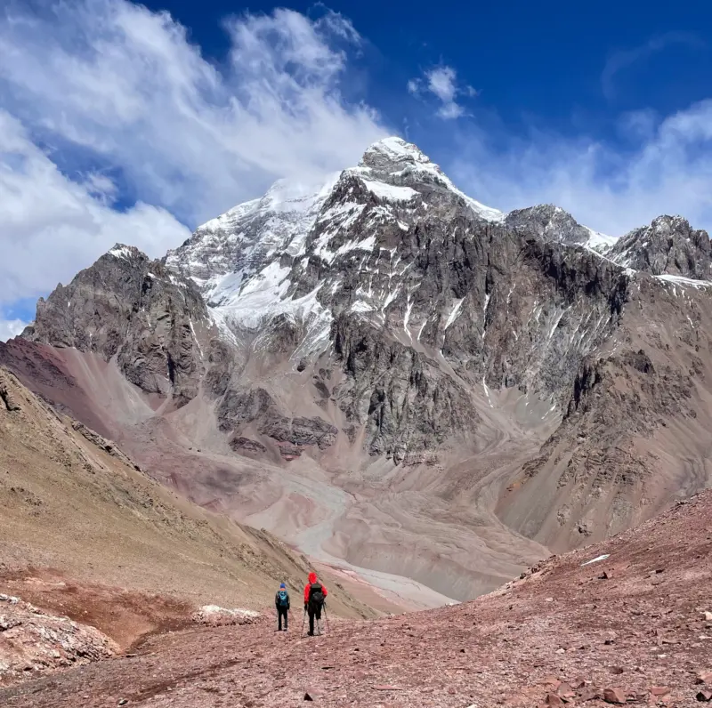 A guided climbing team ascending the snow-covered slopes of Aconcagua in Argentina during an Alpenglow Expeditions Rapid Ascent™ expedition