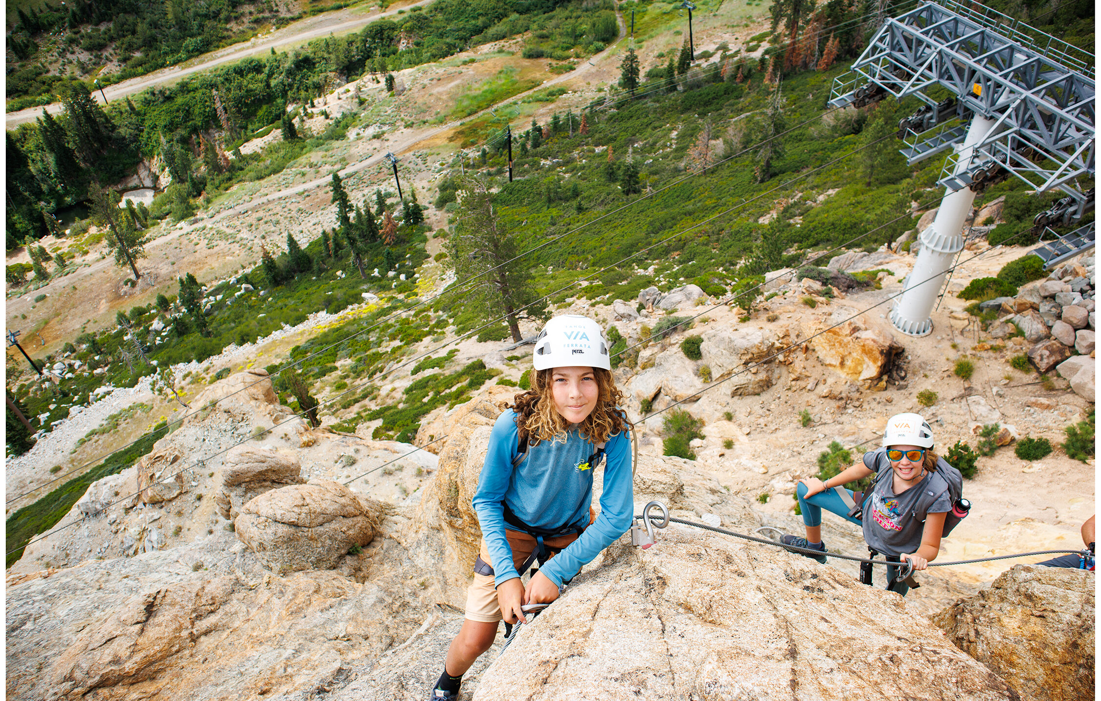 Kids climbing the Tahoe Via Ferrata during our 5-Day Kids Rock Climbing Camp in Lake Tahoe