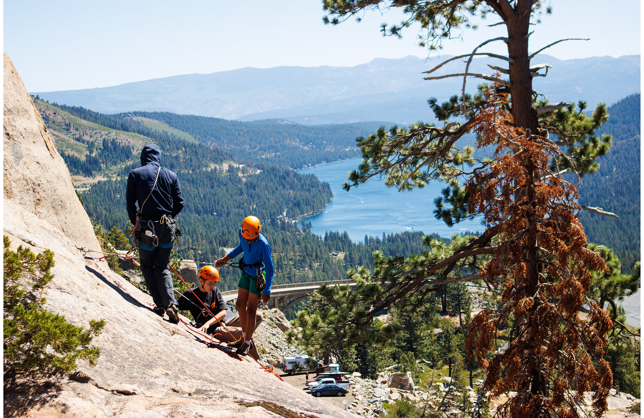 Our 5-Day Kids Rock Climbing Camp is a great way to get your kids outside for a week of activity and climbing development, whether they are new to the sport or have years of experience. Throughout the week, your child will climb on the Tahoe Via in Olympic Valley and on Donner Summit, as well as participate in several activities including map and compass scavenger hunts, knot tying, educational hikes in Shirley Canyon, and more.