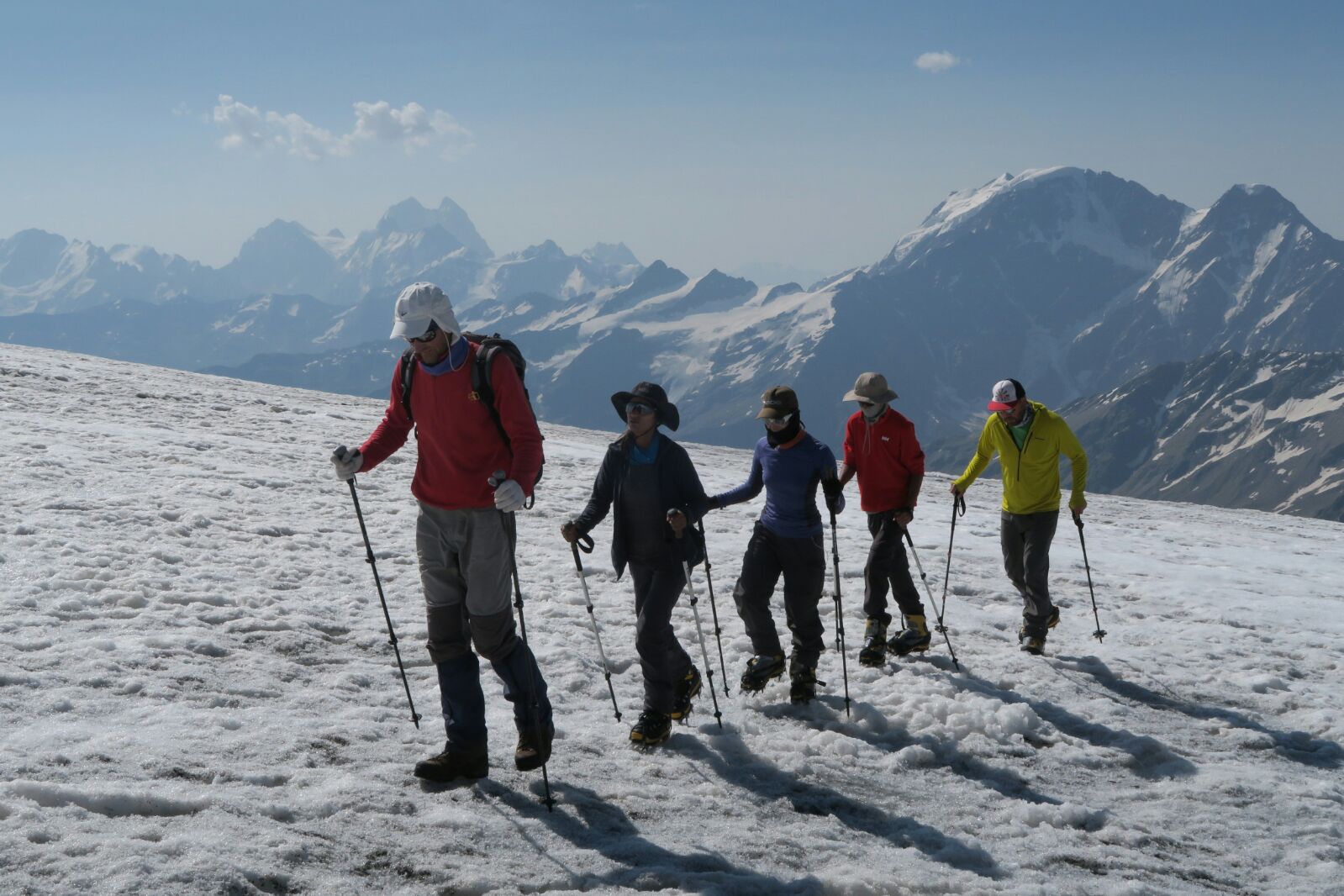 Clients hiking up during a guided Mount Elbrus Expedition
