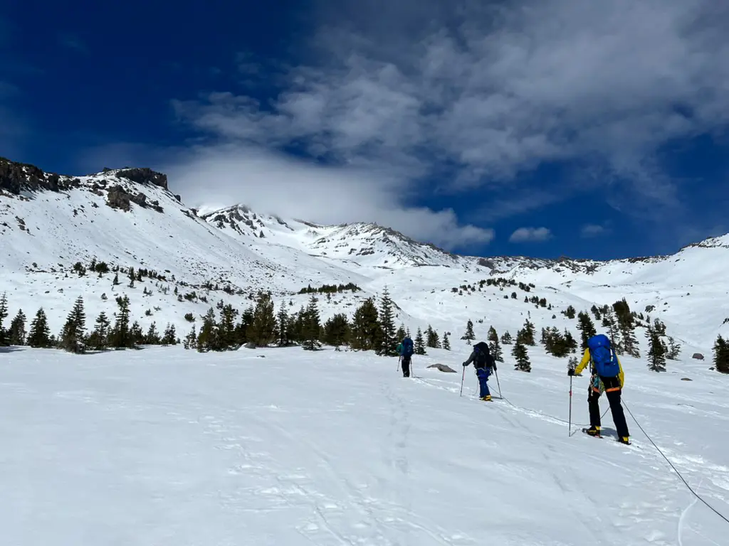 A group of mountaineering students during a Mount Shasta 5-day mountaineering course with Alpenglow Expeditions.