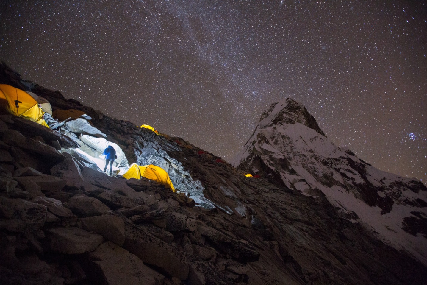 Ama Dablam high camp tents illuminated at night with a starry night sky