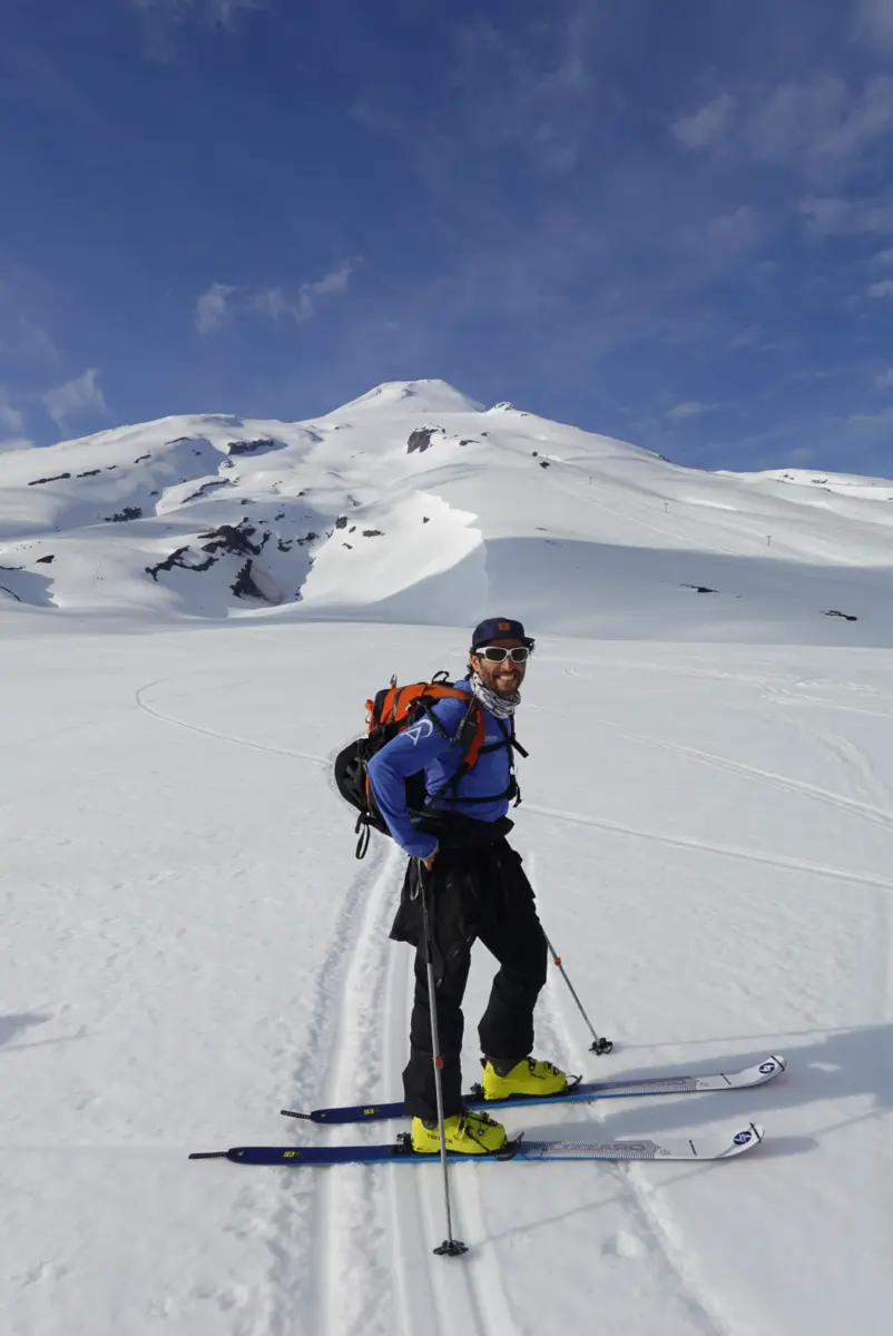Ski mountaineer on the slope of a 6,000m peak in Chile with Alpenglow Expeditions' professionally guided ski mountaineering trip to Chile.