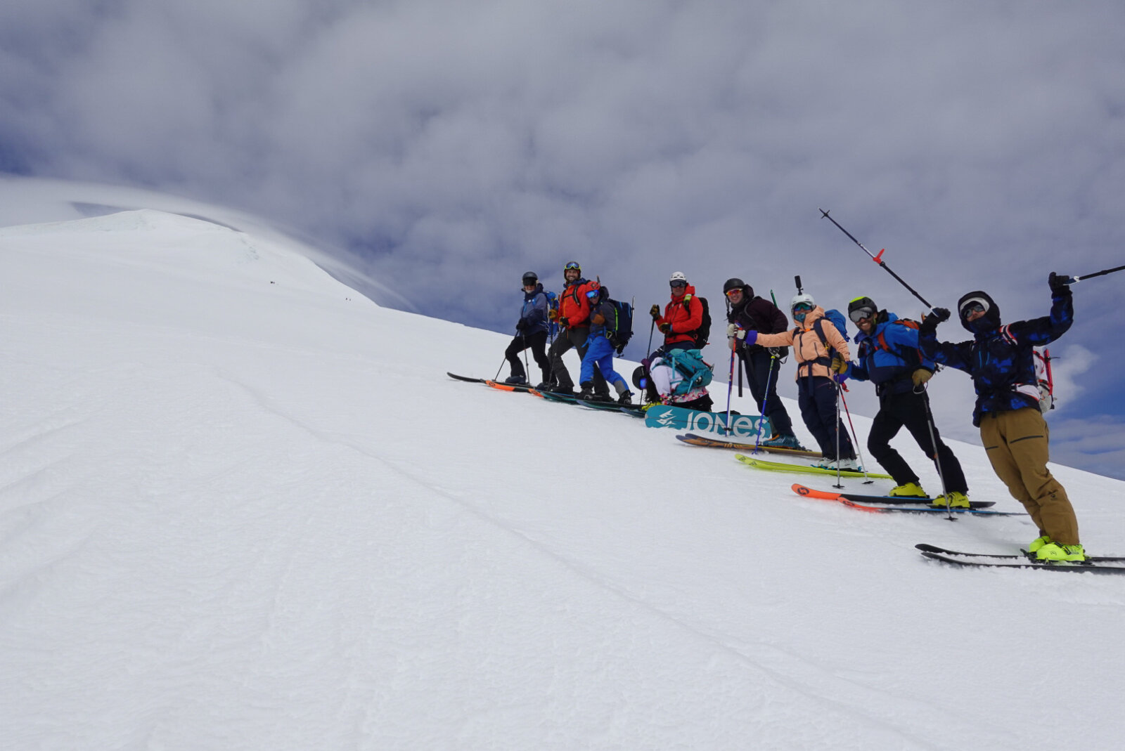 Group of ski mountaineers on the slope of a 6,000m peak in Chile with Alpenglow Expeditions' professionally guided ski mountaineering trip to Chile.