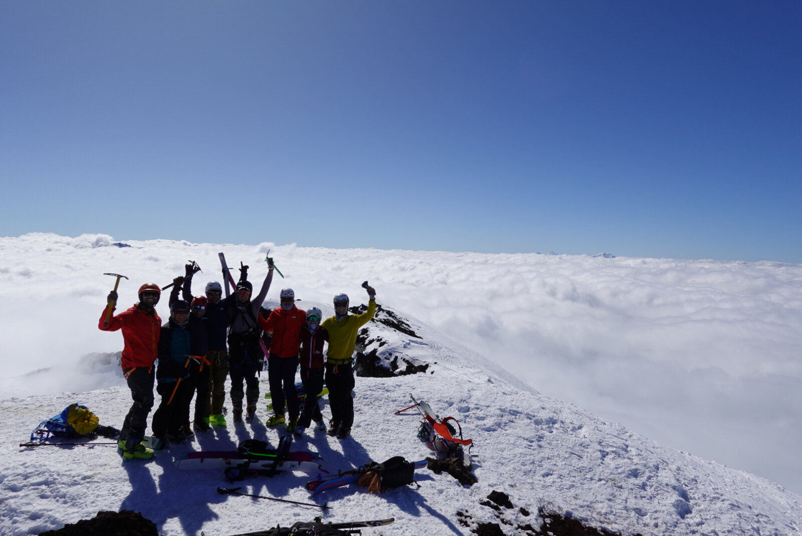 Group of ski mountaineers on the slope of a 6,000m peak in Chile with Alpenglow Expeditions' professionally guided ski mountaineering trip to Chile.