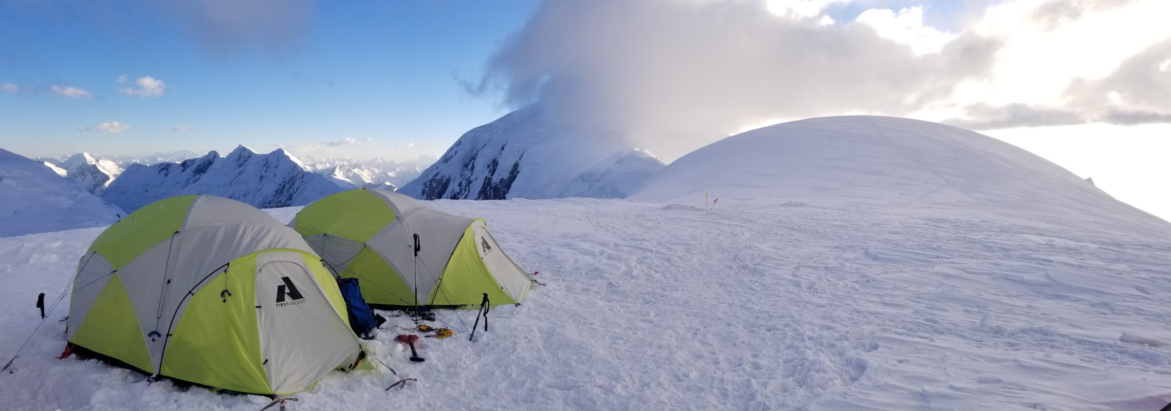 Tent at a high camp on Peak Lenin during a guided expedition with Alpenglow Expeditions.