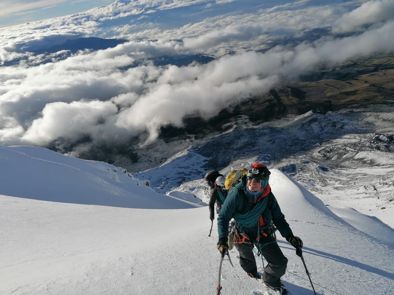 "Join Alpenglow Expeditions Women's Ecuador Climbing School – an empowering journey designed by and for women climbers. Unite with fellow adventurers to explore Ecuador's cultural and mountainous treasures. Conquer technical peaks, from El Altar to the majestic Chimborazo summit, for the ultimate Ecuadorian climbing immersion. Elevate your skills and connections in the heart of the Andes."