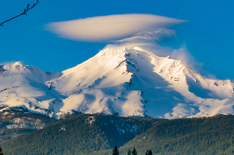 A view of Mt Shasta from afar, with a forested foreground and a lenticular cloud sitting above the summit against a beautiful blue sky.