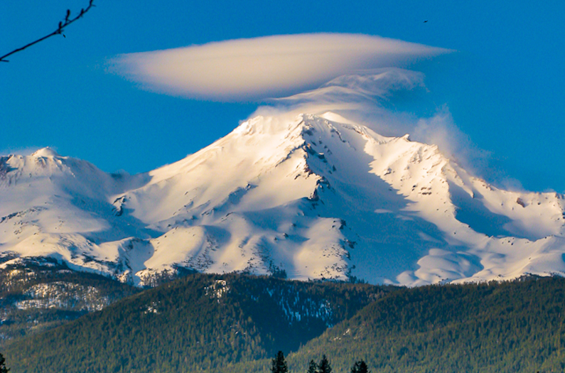 A view of Mt Shasta from afar, with a forested foreground and a lenticular cloud sitting above the summit against a beautiful blue sky. Climb mount Shasta with us!