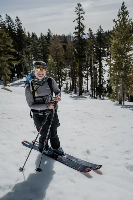 Client on a backcountry touring set up during a private backcountry ski guiding session in lake tahoe with professional mountain guides