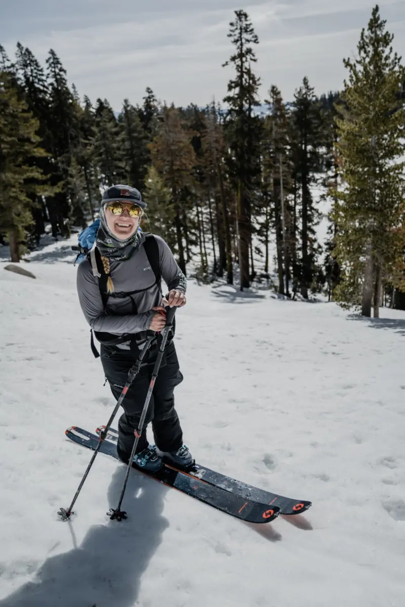 Client on a backcountry touring set up during a private backcountry ski guiding session in lake tahoe with professional mountain guides