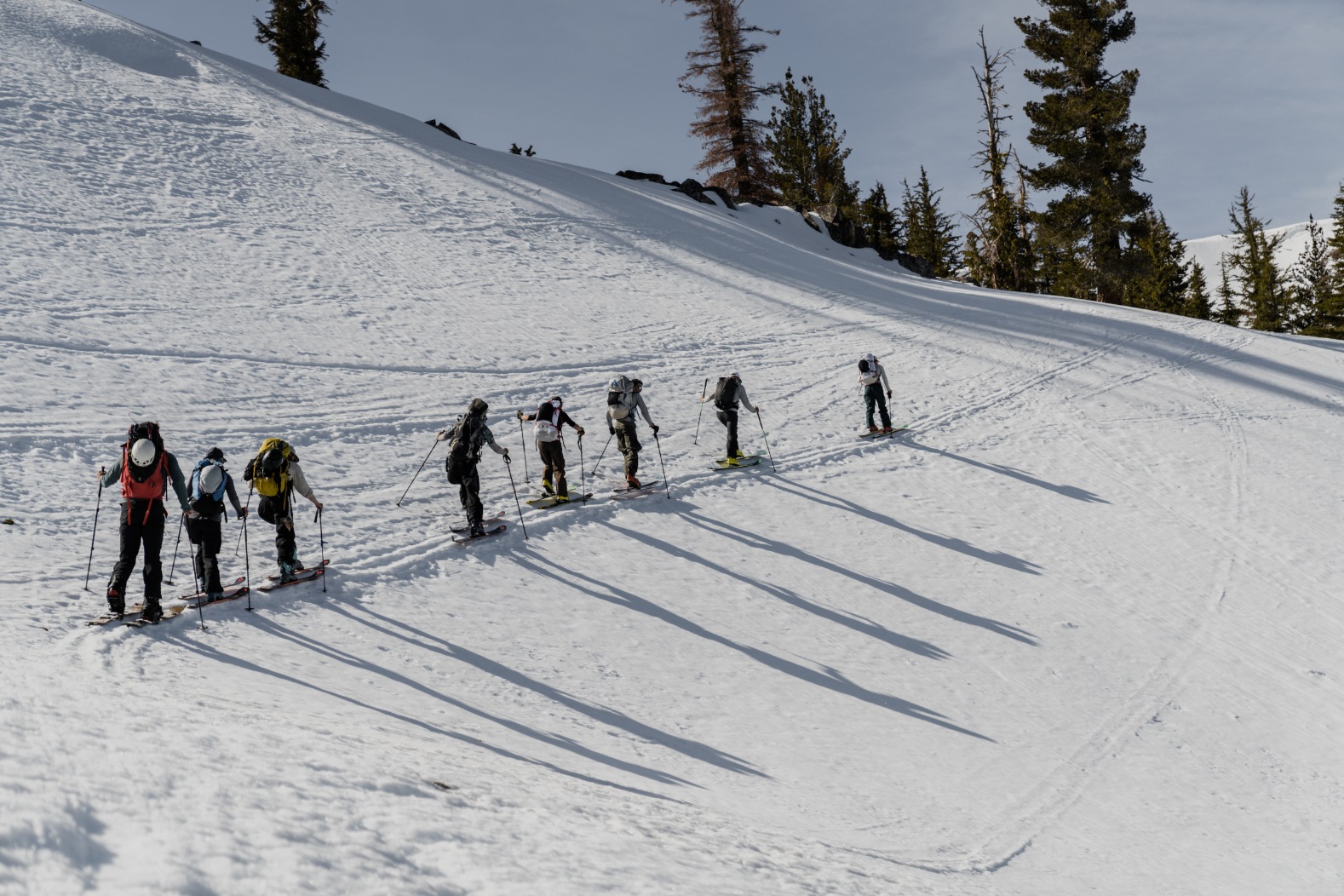 Clients skinning up during a private backcountry ski guiding in lake tahoe with professional mountain guides