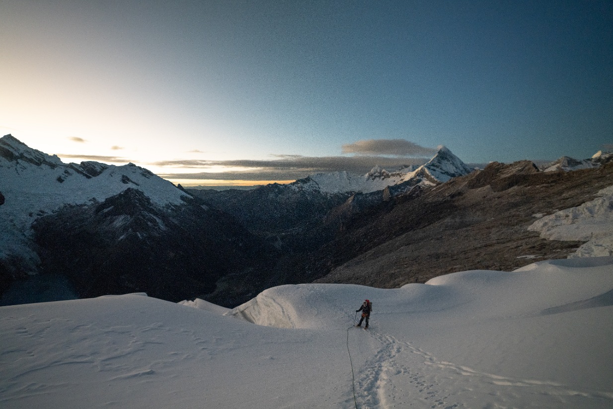 Sunrise on the glacier during an Alpamayo Expedition