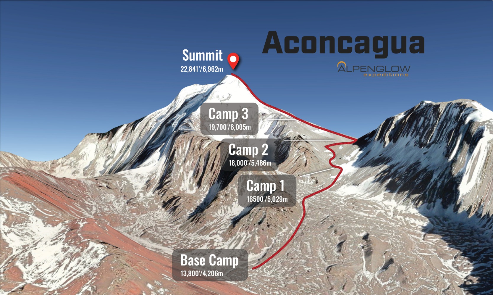 A map of Aconcagua, with a line of the route and camps outlined on the ascent.