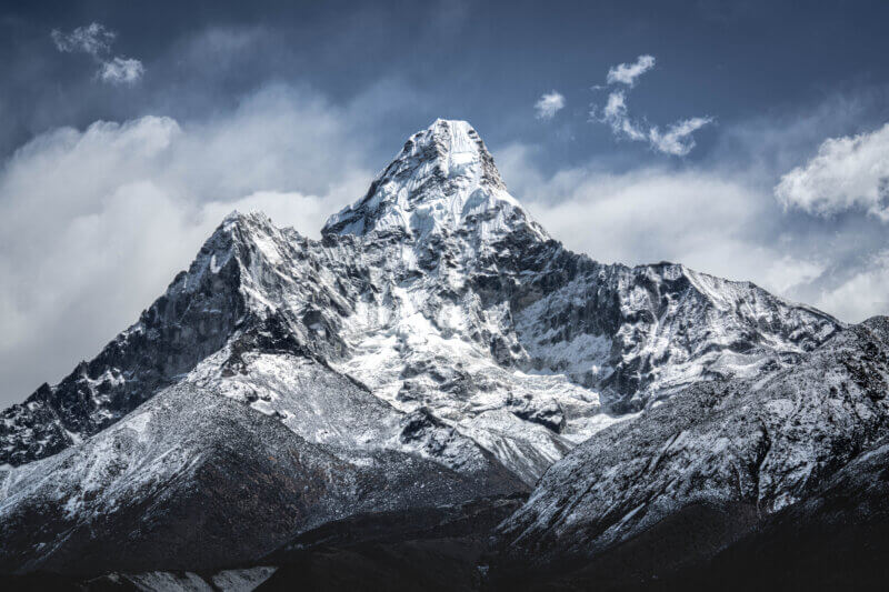Ama Dablam on a partly cloudy day.