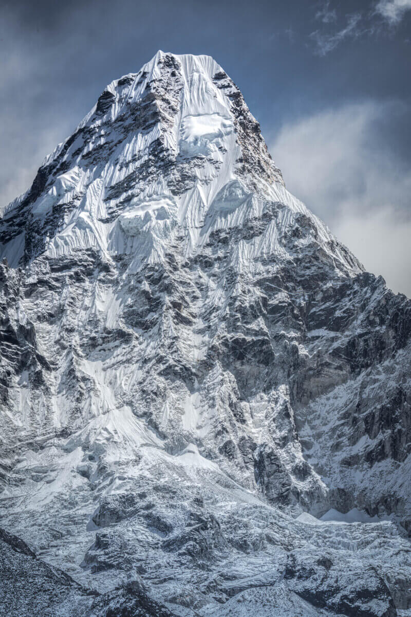 A zoomed in shot of the summit pyramid of Ama Dablam.