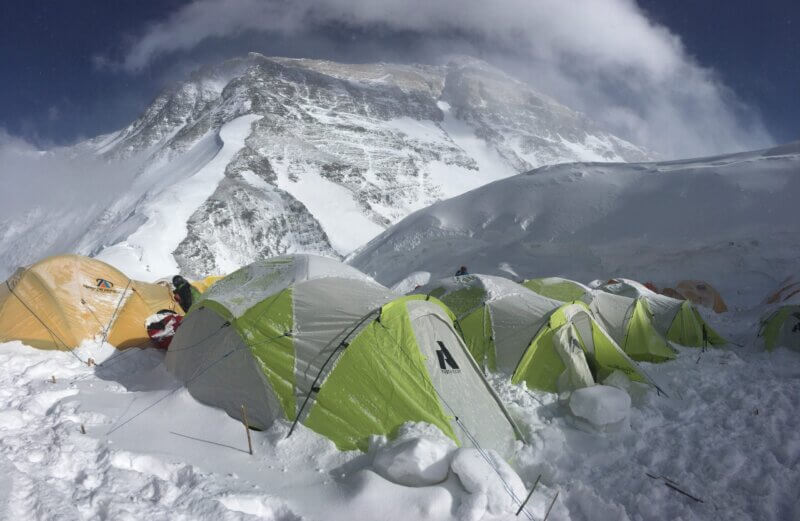 Tents at Camp 1 on Everest's North Side during an expedition with Alpenglow Expeditions.