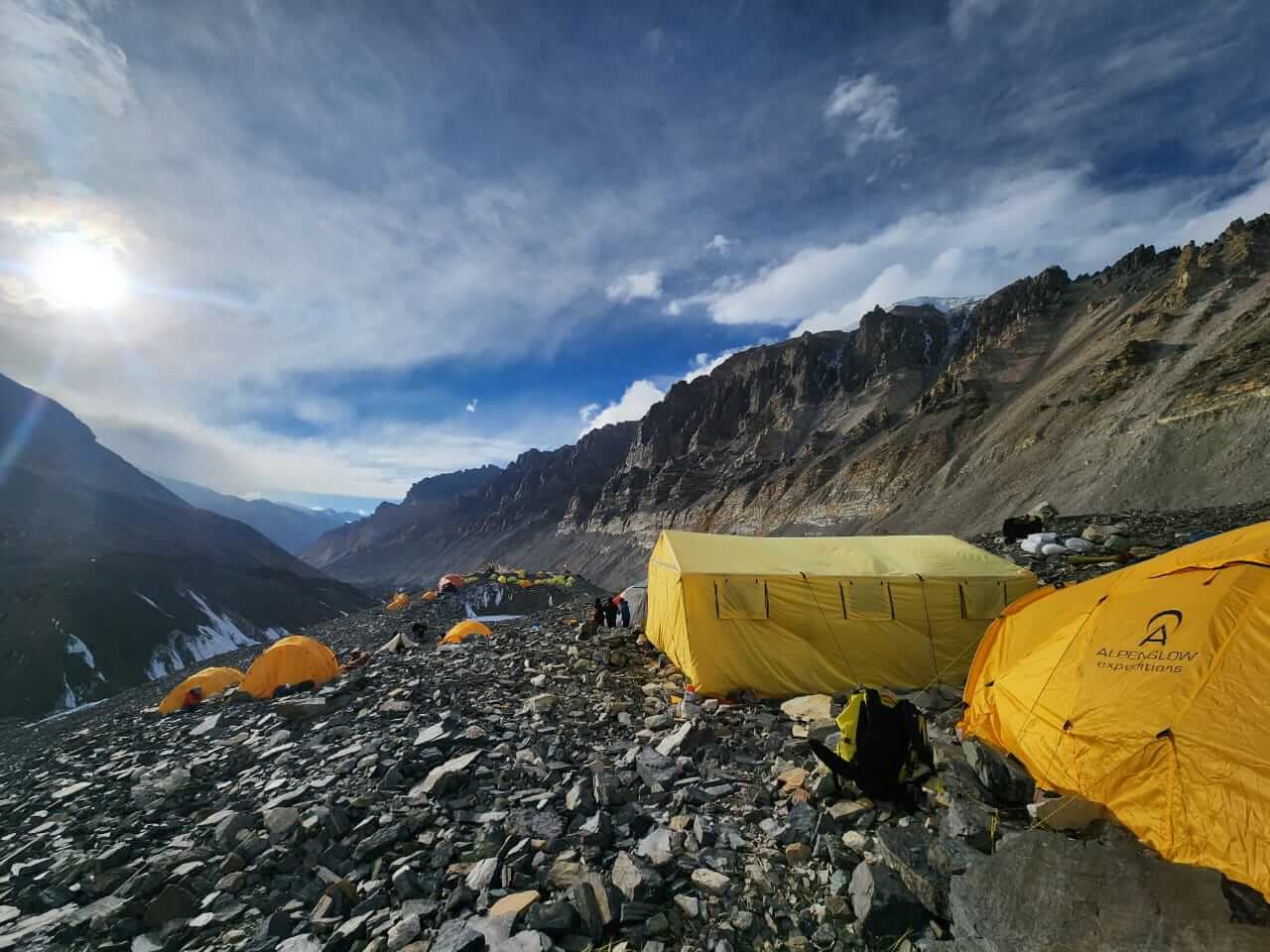 Mount Everest North Side Advanced Base Camp tents during an Alpenglow Expeditions ascent of Everest in 2024