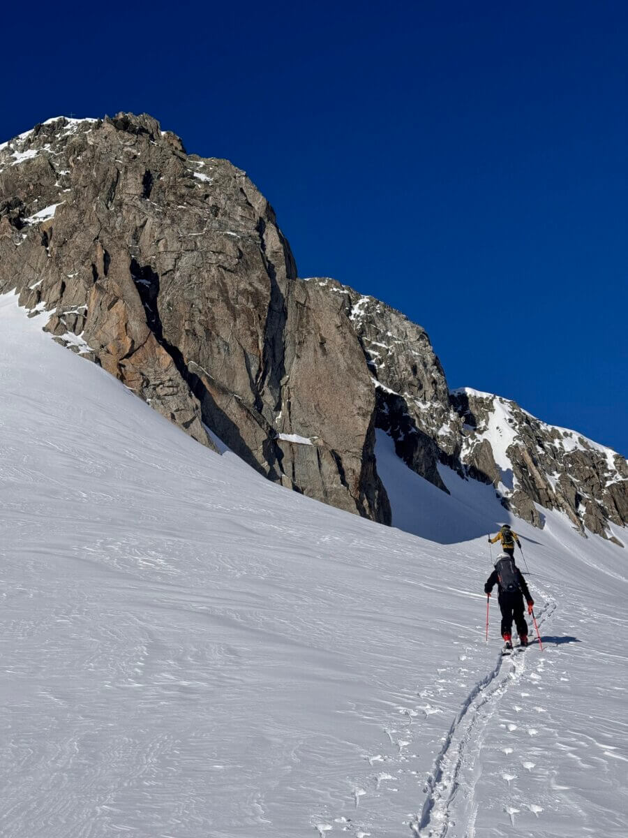 Skinning uphill in Andermatt, Switzerland