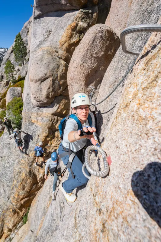 Moving through Sylvester's Slot on the Tahoe Via Ferrata