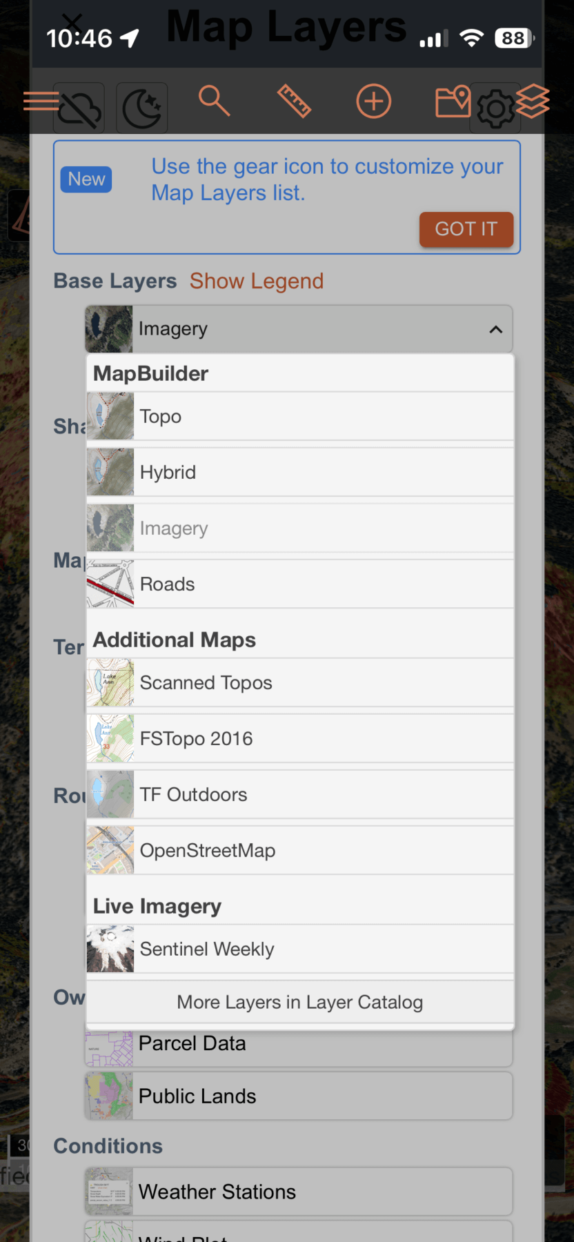 Menu of CalTopo used to backcountry ski and ride