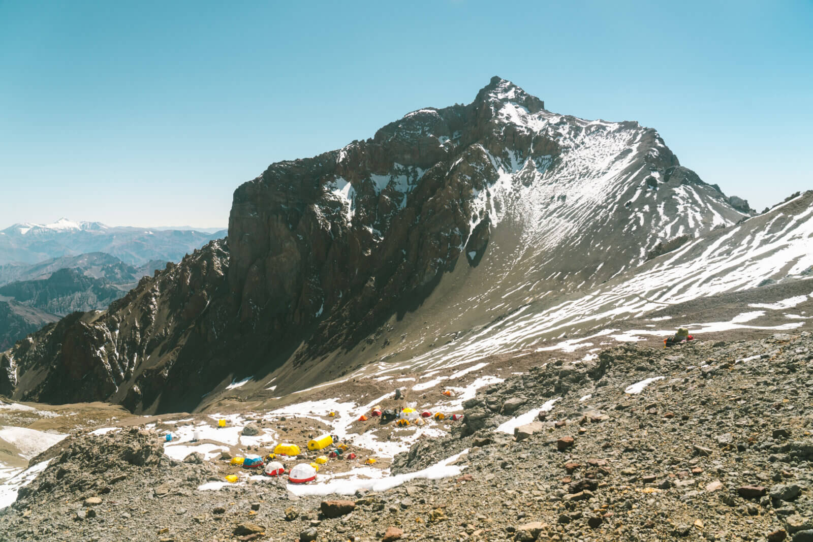 A climber camp near the summit of Aconcagua during an Alpenglow Expeditions guided expedition in Argentina