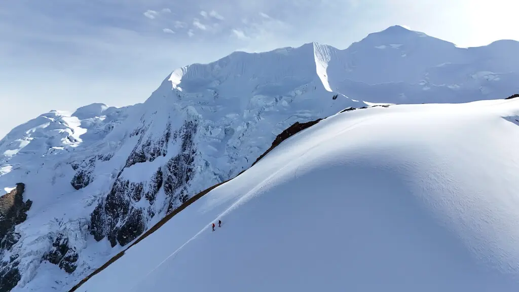 Two climbers on a snowy mountain in Bolivia.